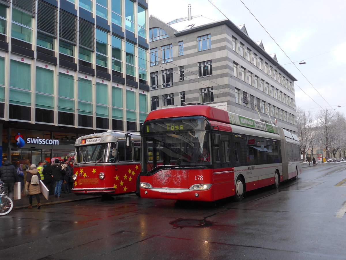 (186'912) - SW Winterthur - Nr. 178 - Solaris Gelenktrolleybus am 9. Dezember 2017 in Winterthur, Schmidgasse