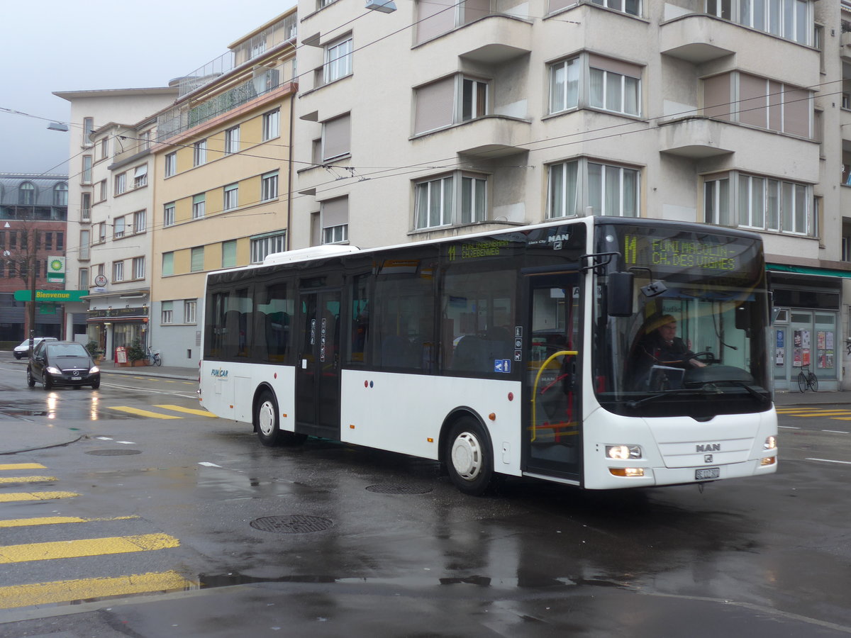 (188'727) - Funi-Car, Biel - Nr. 1/BE 117'301 - MAN am 15. Februar 2018 beim Bahnhof Biel