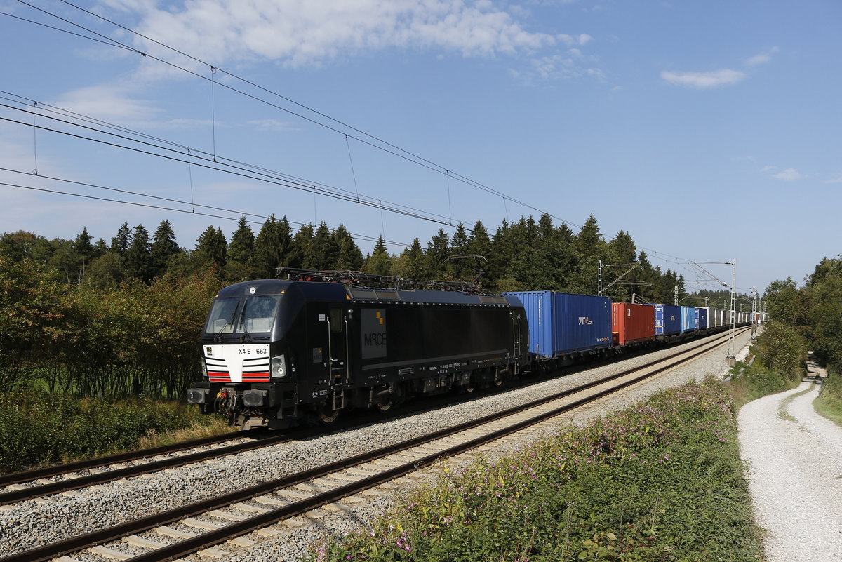 193 663 mit einem Containerzug aus Salzburg kommend am 18. September 2018 bei Grabensttt.