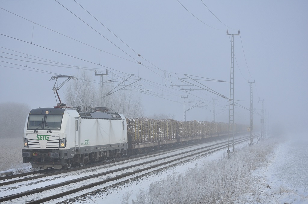 193 831 der SETG rauscht mit einem Holzzug nach Stendal am 06.02.2015 durch Sildemow in Richtung Schwerin.