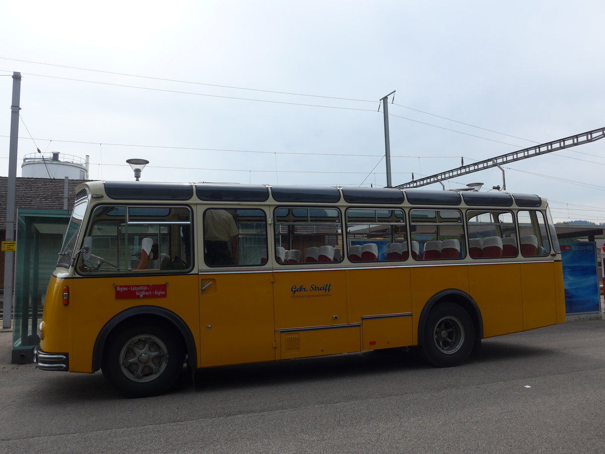 (193'668) - Streiff, Gelterkinden - AG 306'557 - Saurer/Gangloff (ex Oldie-Tours Zrisee, Wollerau; ex OTAG, Wald; ex Leibundgut, Obergoldbach; ex Krebs, Belpberg) am 3. Juni 2018 beim Bahnhof Emmenmatt