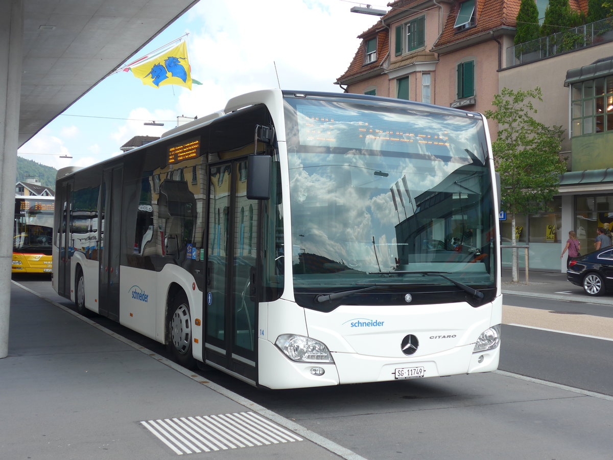 (194'570) - Schneider, Ermenswil - Nr. 14/SG 11'749 - Mercedes am 7. Juli 2018 beim Bahnhof Wattwil