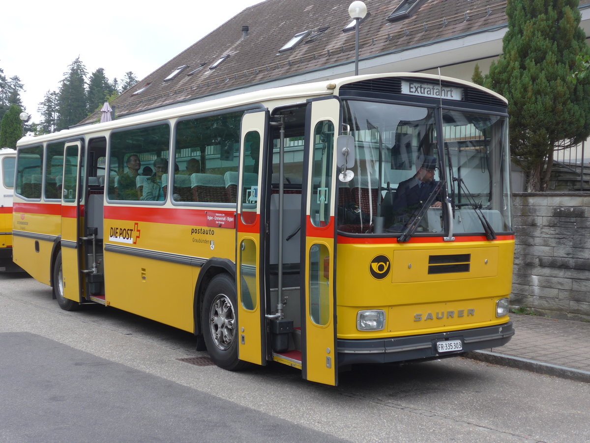 (196'382) - Eichenberger, Bsingen - FR 335'303 - Saurer/R&J (ex Schlapp, Cottens; ex Ruklic, Schaffhausen; ex Heim, Flums; ex Frigg, Zernez; ex P 24'279) am 2. September 2018 in Emmenmatt, Moosegg