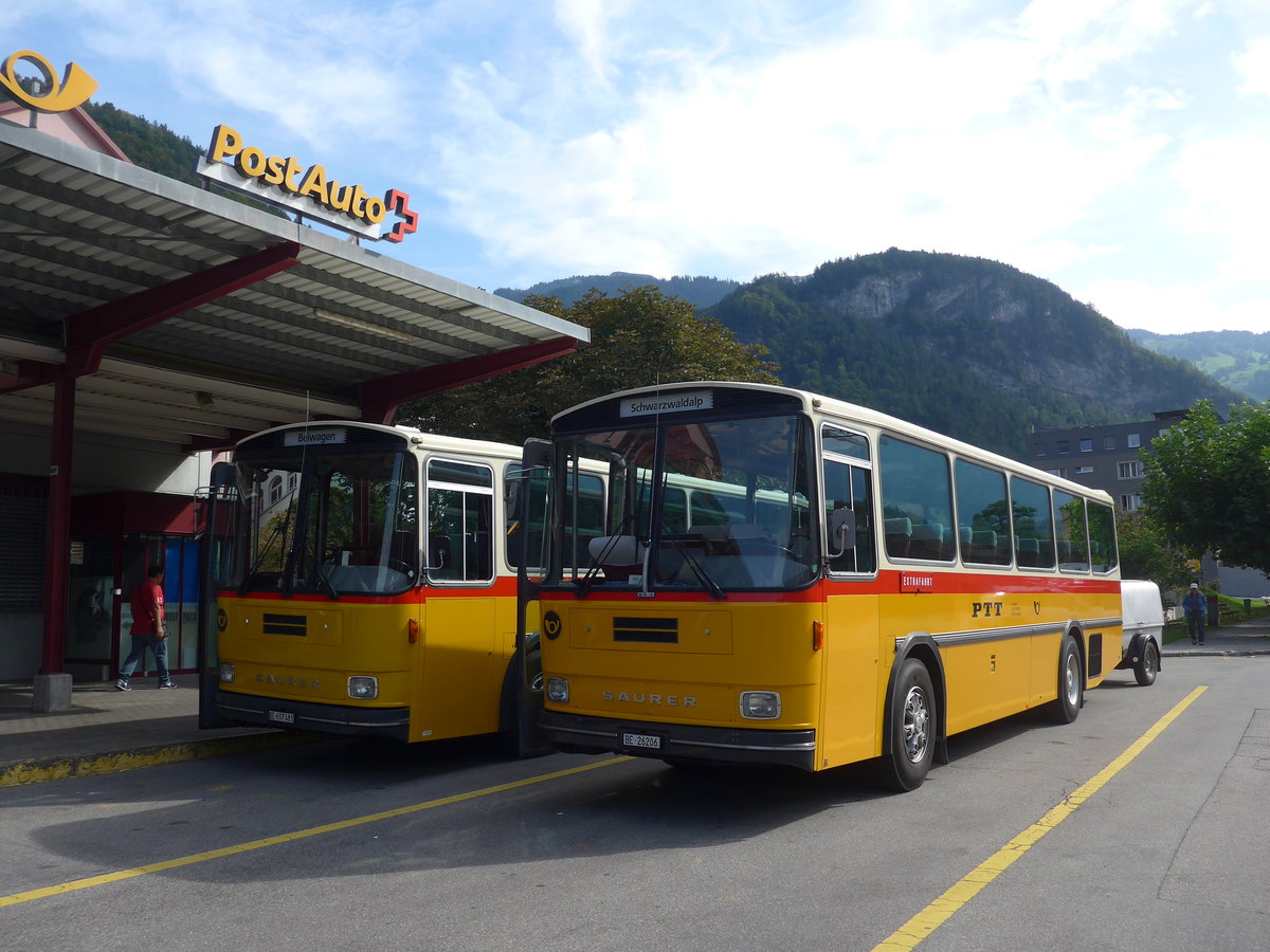 (197'661) - Schmid, Thrishaus - BE 26'206 - Saurer/Tscher (ex P 24'244) am 16. September 2018 in Meiringen, Postautostation