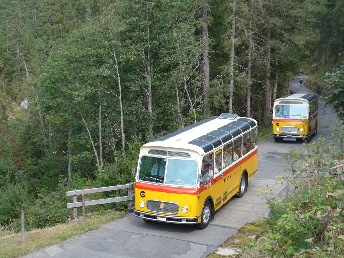 (197'768) - Mller, Ennetmoos - NW 23'167) FBW/Gangloff (ex Rentsch, Gunten; ex P 23'203; ex P 21'003) + Frutig, Birmensdorf - ZH 560'883 - FBW/FHS (ex P 23'217) am 16. September 2018 in Meiringen, Scheideggstrasse