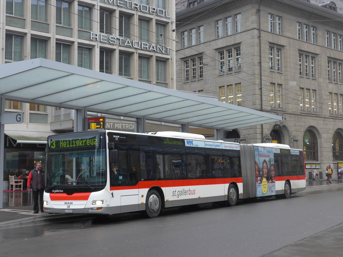 (199'461) - St. Gallerbus, St. Gallen - Nr. 294/SG 198'294 - MAN am 24. November 2018 beim Bahnhof St. Gallen