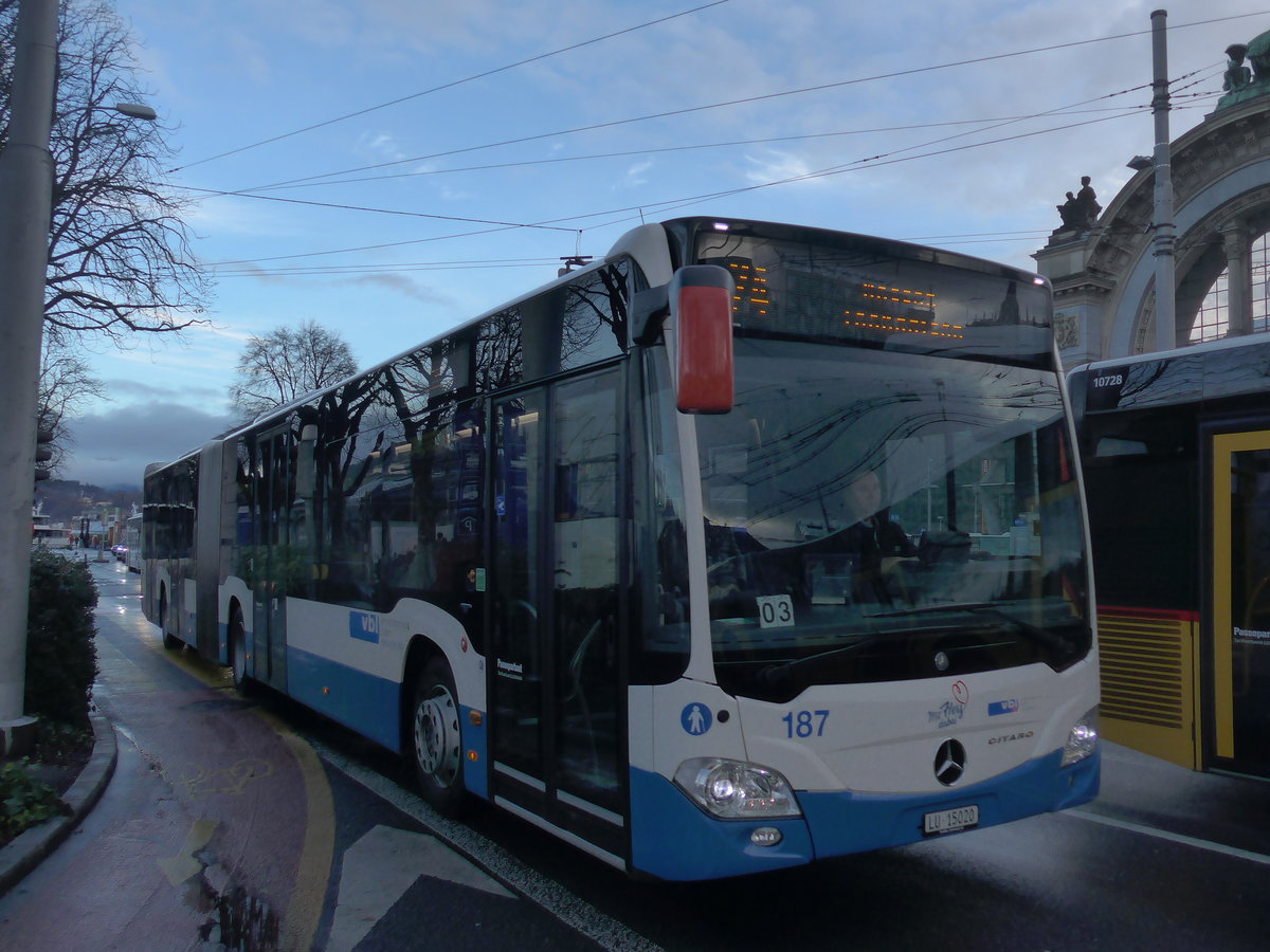 (200'173) - VBL Luzern - Nr. 187/LU 15'020 - Mercedes am 24. Dezember 2018 beim Bahnhof Luzern