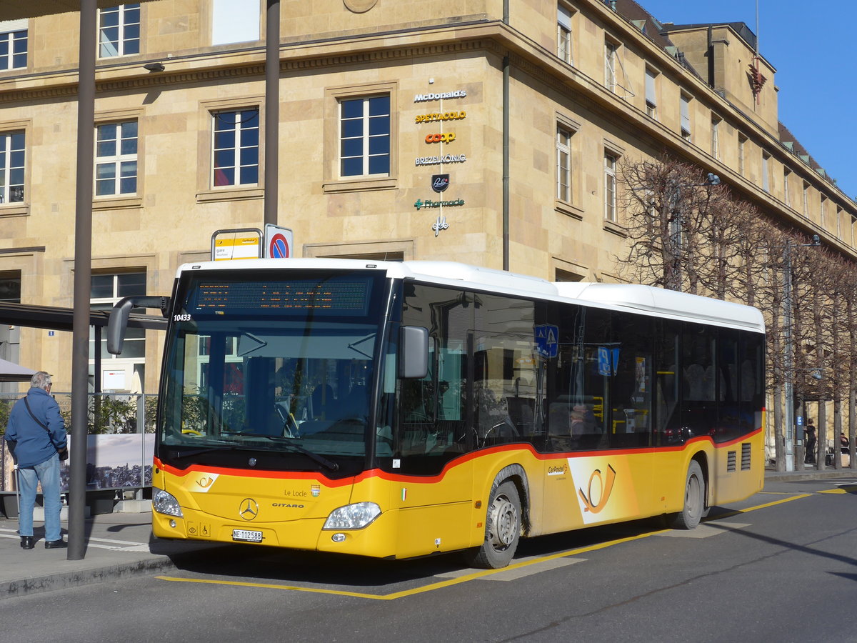 (201'636) - CarPostal Ouest - NE 112'588 - Mercedes am 16. Februar 2019 beim Bahnhof Neuchtel