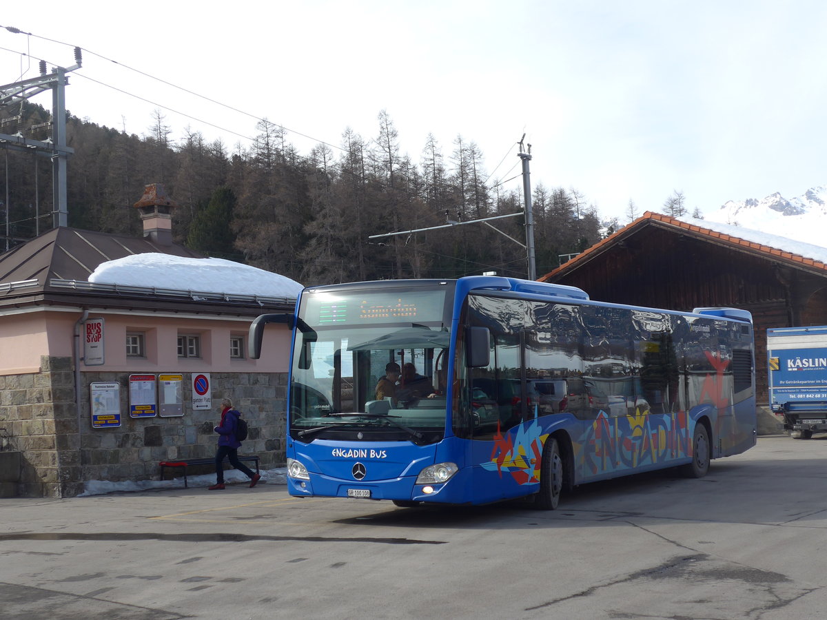 (201'845) - SBC Chur - Nr. 108/GR 100'108 - Mercedes am 2. Mrz 2019 beim Bahnhof Pontresina