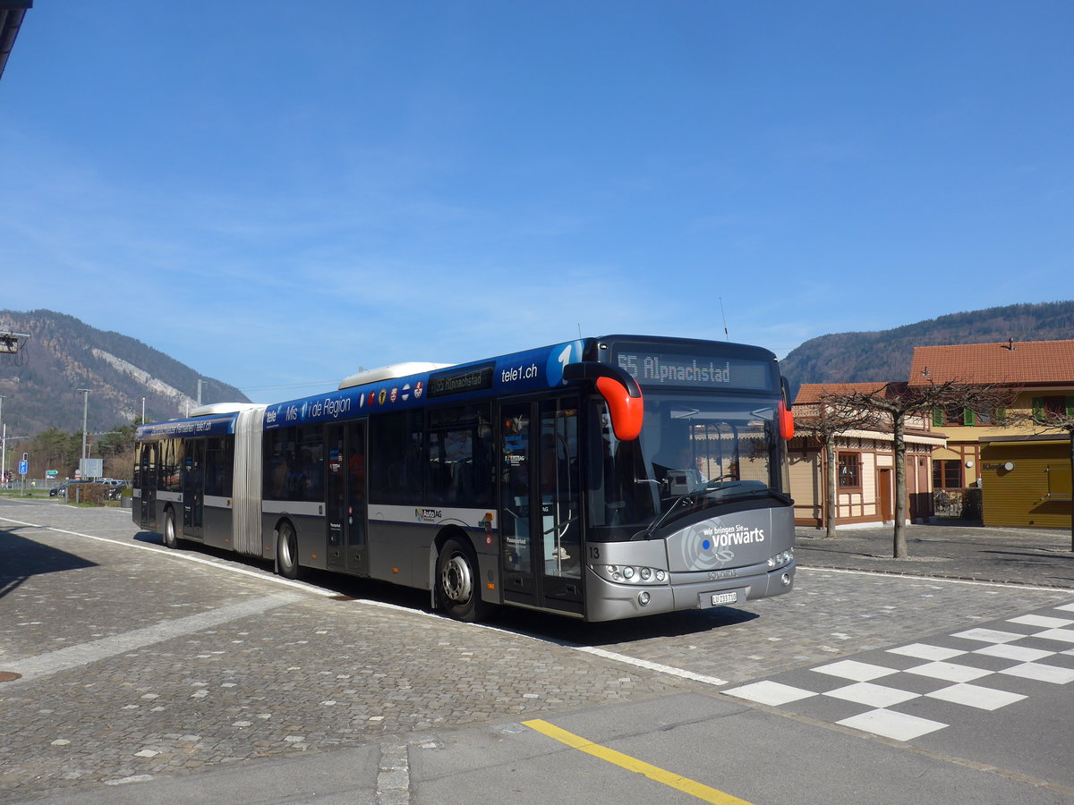 (202'878) - AAGR Rothenburg - Nr. 13/LU 233'710 - Solaris am 22. Mrz 2019 beim Bahnhof Alpnachstad