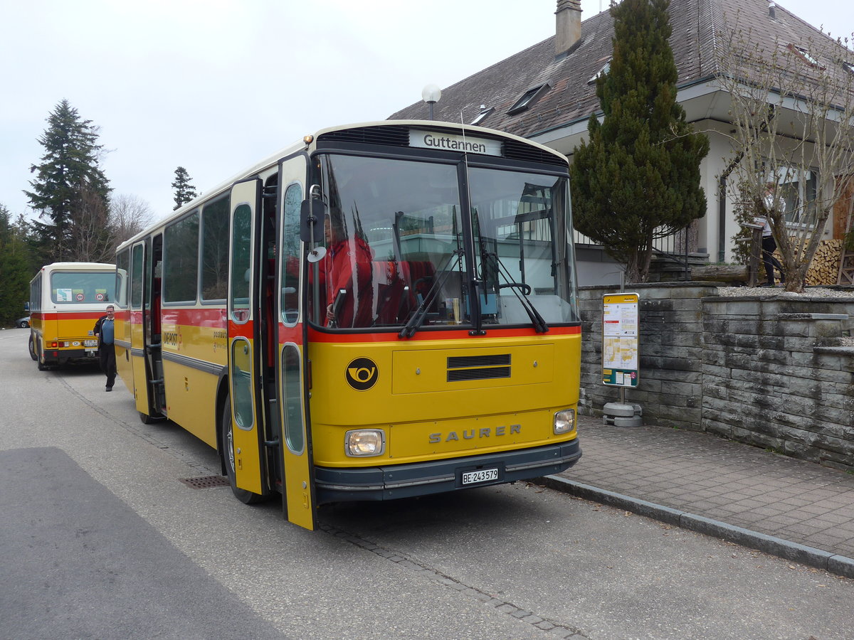 (203'480) - Krummenacher, Zillis - Nr. 74/BE 243'579 - Saurer/R&J (ex AVG Meiringen Nr. 74; ex PostAuto Berner Oberland; ex P 24'357) am 7. April 2019 in Emmenmatt, Moosegg