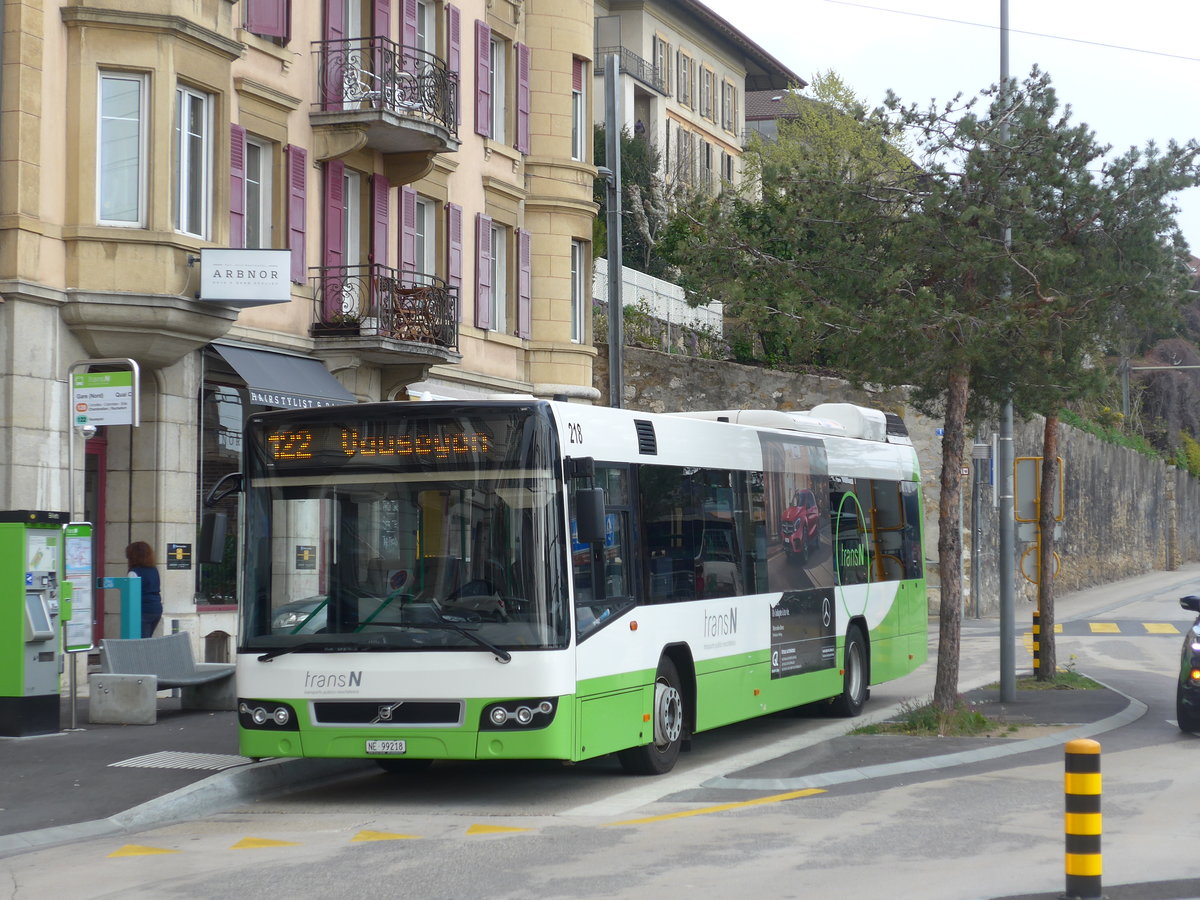 (203'618) - transN, La Chaux-de-Fonds - Nr. 218/NE 99'218 - Volvo (ex TN Neuchtel Nr. 218) am 13. April 2019 beim Bahnhof Neuchtel