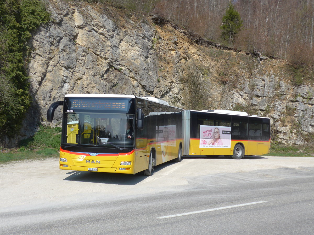 (203'771) - CarPostal Ouest - JU 52'078 - MAN (ex Nr. 78) am 15. April 2019 in Charmoille, Zoll