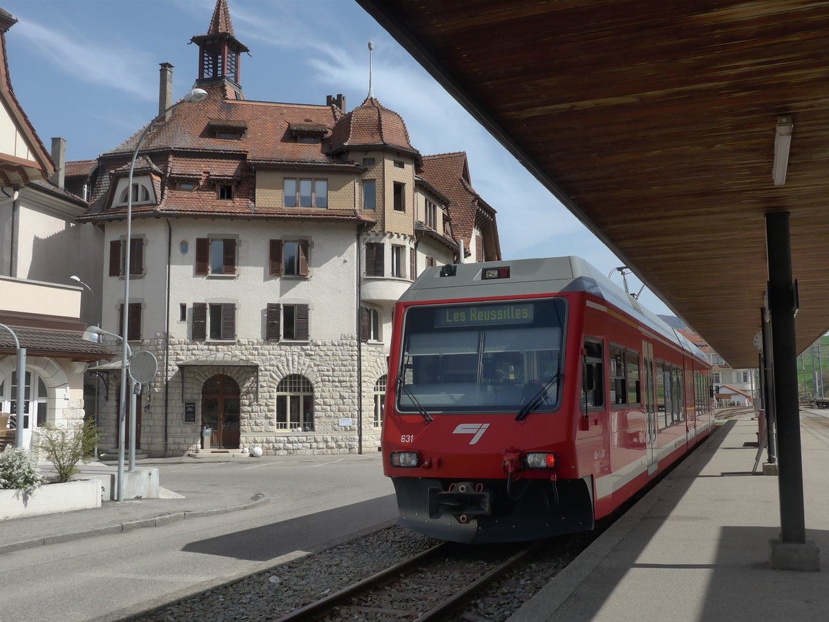 (203'879) - CJ-Pendelzug - Nr. 631 - am 22. April 2019 im Bahnhof Tavannes
