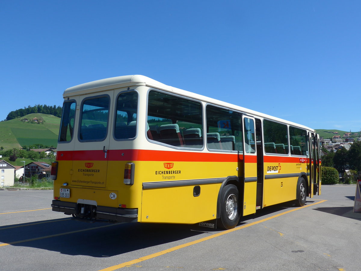 (205'706) - Eichenberger, Bsingen - FR 335'303 - Saurer/R&J (ex Schlapp, Cottens; ex Ruklic, Schaffhausen; ex Heim, Flums; ex Frigg, Zernez; ex P 24'279) am 2. Juni 2019 beim Bahnhof Biglen