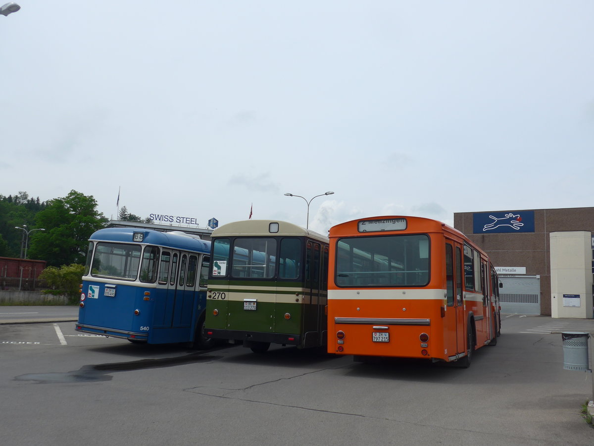 (206'577) - VBZ Zrich (TMZ) - Nr. 540/ZH 315'491 - Saurer/Saurer (ex Nr. 7540; ex Nr. 540) + SVB Bern (Bernmobil historique) - Nr. 270/BE 113'270 - FBW/SWS-Gangloff + ZVB Zug (RWB) - Nr. 35/ZH 797'215 - FBW/Hess am 22. Juni 2019 in Emmenbrcke, Debrunner Acifer