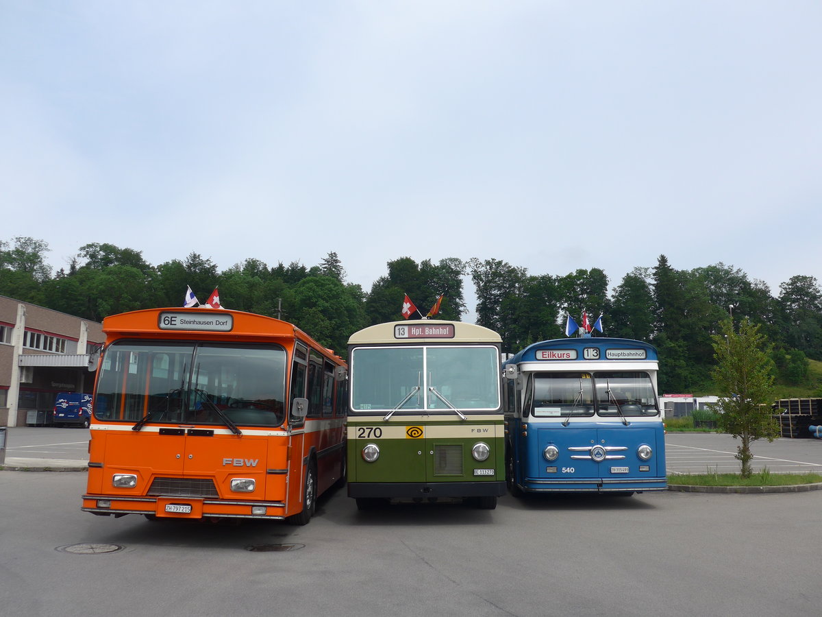 (206'611) - ZVB Zug (RWB) - Nr. 35/ZH 797'215 - FBW/Hess + SVB Bern (Bernmobil historique) - Nr. 270/BE 113'270 - FBW/SWS-Gangloff + VBZ Zrich (TMZ) - Nr. 540/ZH 315'491 - Saurer/Saurer (ex Nr. 7540; ex Nr. 540) am 22. Juni 2019 in Emmenbrcke, Debrunner Acifer