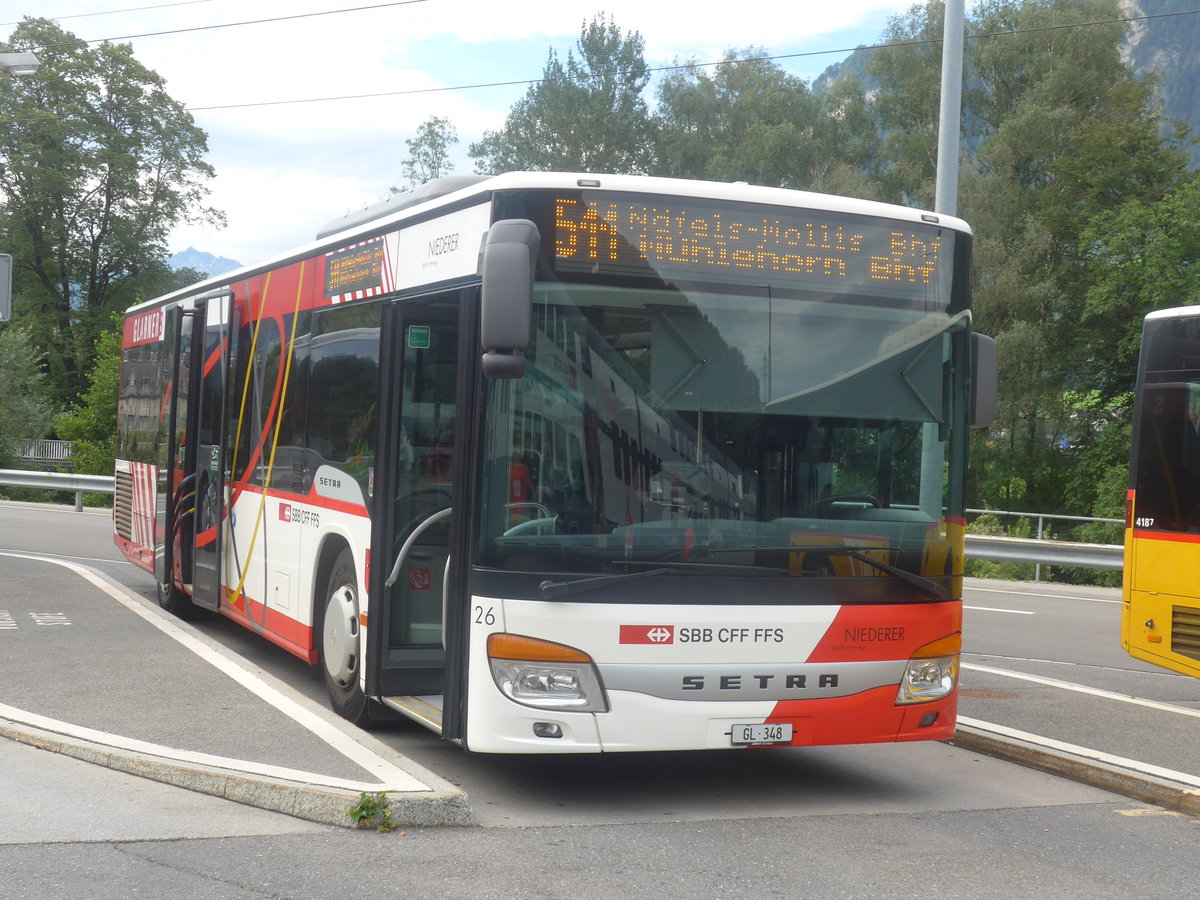 (208'768) - Niederer, Filzbach - Nr. 26/GL 348 - Setra am 17. August 2019 beim Bahnhof Ziegelbrcke