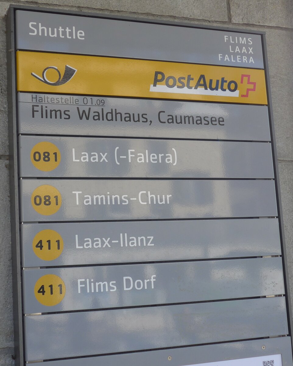 (213'253) - PostAuto-Haltestellenschild - Flims Waldhaus, Caumasee - am 1. Januar 2020