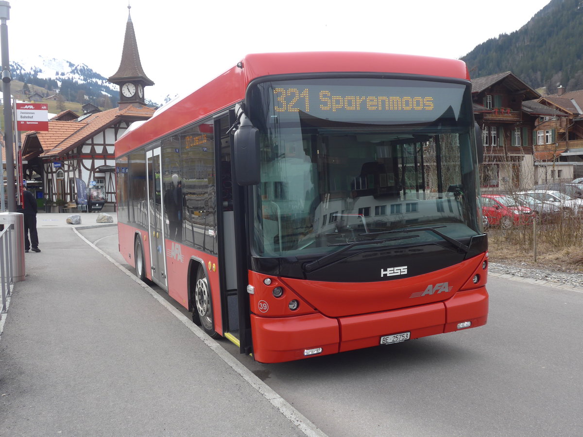 (214'386) - AFA Adelboden - Nr. 39/BE 25'753 - Scania/Hess am 17. Februar 2020 beim Bahnhof Zweisimmen