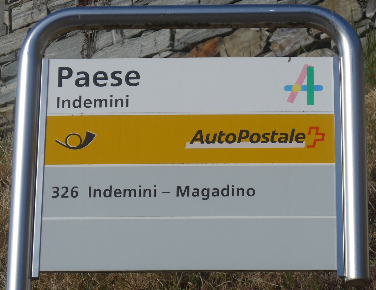 (214'715) - PostAuto-Haltestellenschild - Indemini, Paese - am 21. Februar 2020