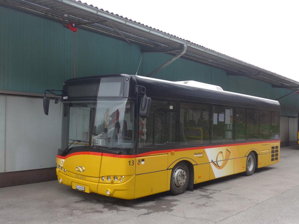 (215'383) - PostAuto Bern - Nr. 13/BE 668'920 - Solaris (ex Klopfstein, Laupen Nr. 13) am 22. Mrz 2020 in Laupen, Garage