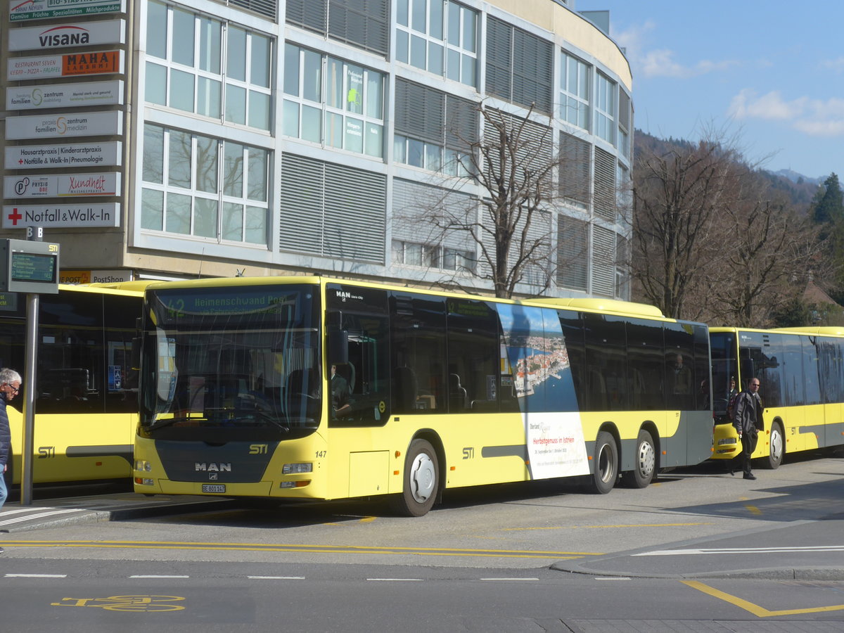 (215'501) - STI Thun - Nr. 147/BE 801'147 - MAN am 24. Mrz 2020 beim Bahnhof Thun