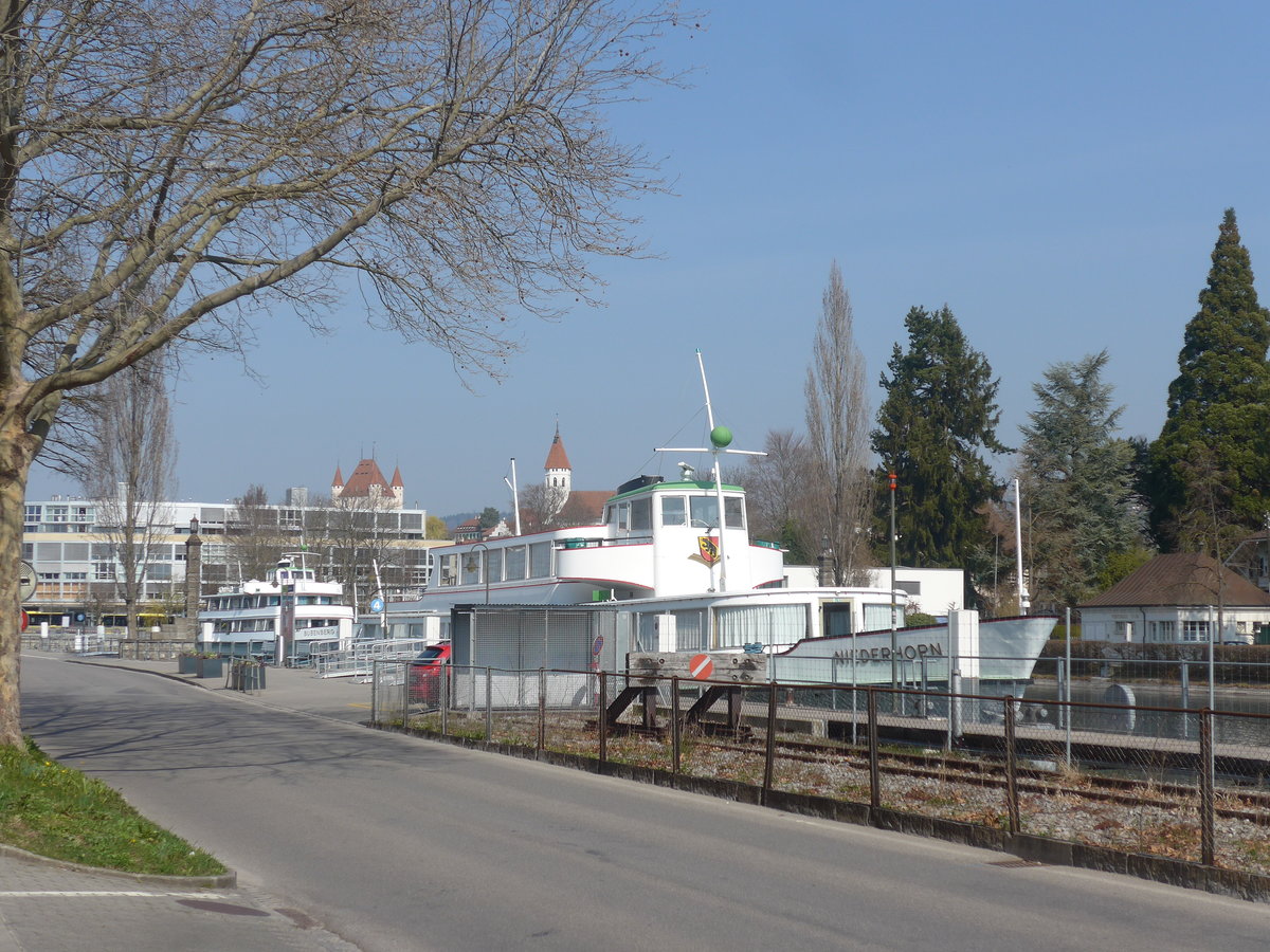 (215'634) - Motorschiffe Bubenberg und Niederhorn am 28. M�rz 2020 an der Schiffl�ndte Thun