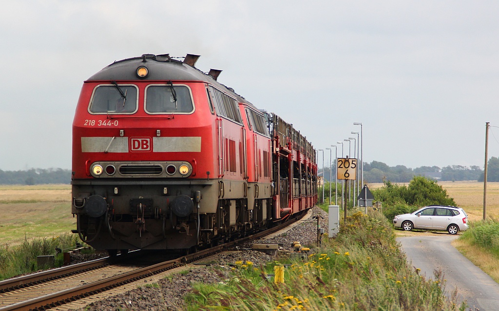 218 344-0 und 380-4 passieren hier den Bü Lehnshallig und dieseln mit dem AZS Richtung Westerland. 04.08.2012