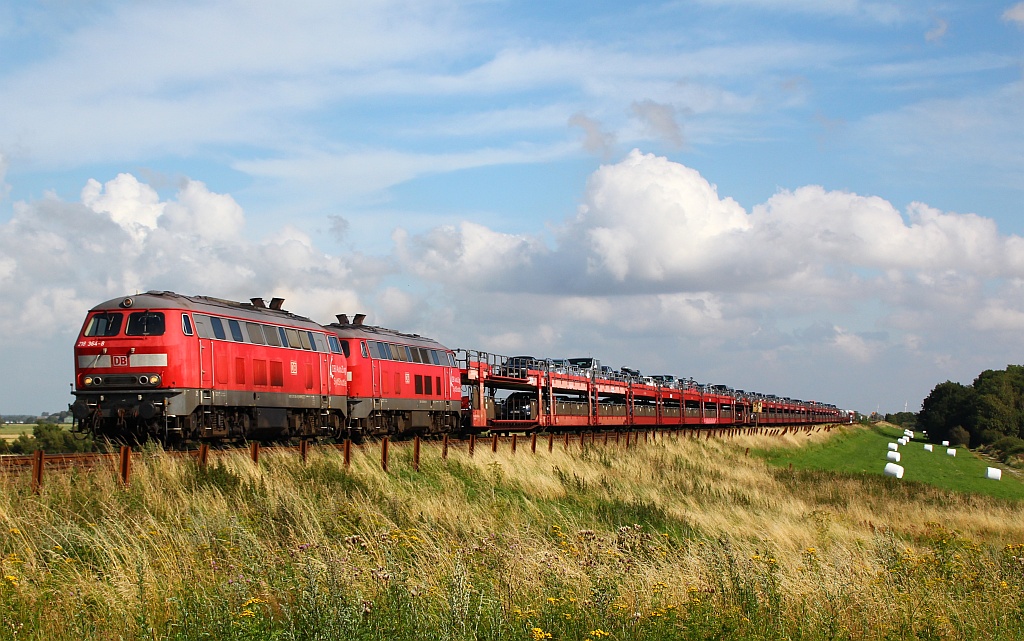 218 364-8 und 359-8 fahren hier mit ihrem unverkennbaren Dieselsound durch das Mrschland und passieren den Dreieckskoog bei Klanxbüll. 04.08.12