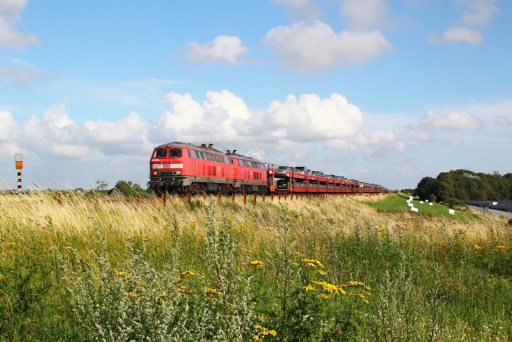 218 381-2 und 369-7 mit dem SyltShuttle am Haken passieren den Dreieckskoog Richtung Westerland. 04.08.12 