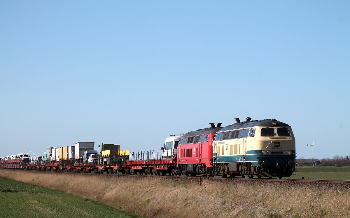 218 460 + RP 218 402 vor Autozug aus Westerland/Sylt Bü Triangel 20.03.2020