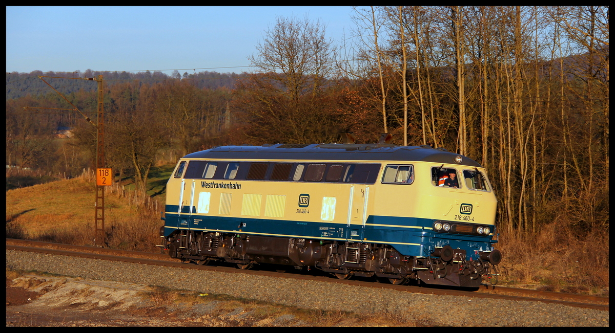 218 460 der Westfrankenbahn unterwegs nach Aschaffenburg am 30.12.16 in Bernhards bei Fulda