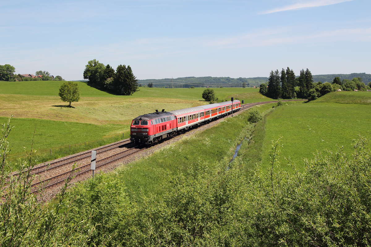 218 489-3 schob am sonnig-heißen 13.06.13 ihre RB von Kempten nach Augsburg, hier bei Görwangs.