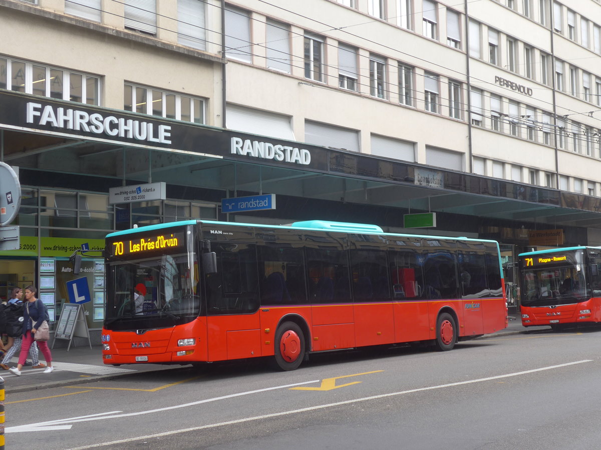 (220'413) - Funi-Car, Biel - Nr. 6/BE 99'306 - MAN am 31. August 2020 beim Bahnhof Biel