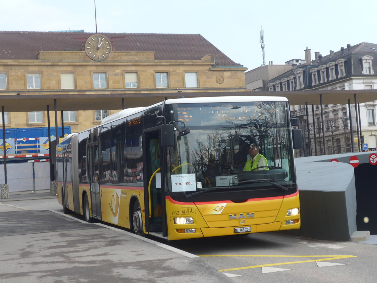 (224'029) - PostAuto Bern - Nr. 663/NE 165'364 - MAN (ex BE 610'550) am 7. Mrz 2021 beim Bahnhof Neuchtel