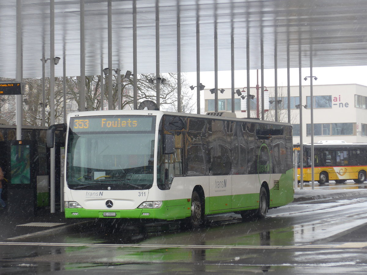 (224'142) - transN, La Chaux-de-Fonds - Nr. 311/NE 19'211 - Mercedes (ex TRN La Chaux-de-Fonds Nr. 311) am 14. Mrz 2021 beim Bahnhof La Chaux-de-Fonds