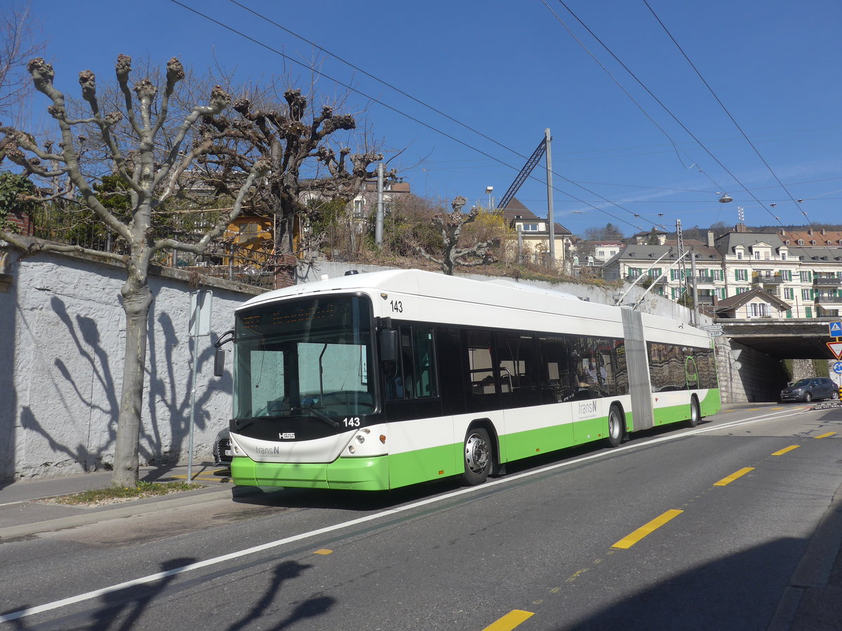 (224'565) - transN, La Chaux-de-Fonds - Nr. 143 - Hess/Hess Gelenktrolleybus (ex TN Neuchtel Nr. 143) am 29. Mrz 2021 in Neuchtel, Avenue de la Gare