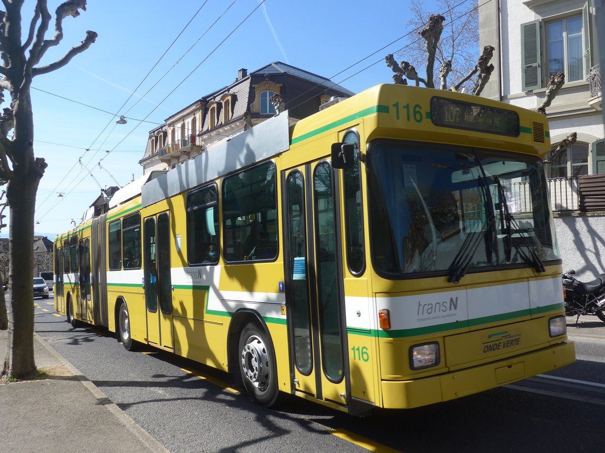 (224'568) - transN, La Chaux-de-Fonds - Nr. 116 - NAW/Hess Gelenktrolleybus (ex TN Neuchtel Nr. 116) am 29. Mrz 2021 in Neuchtel, Avenue de la Gare