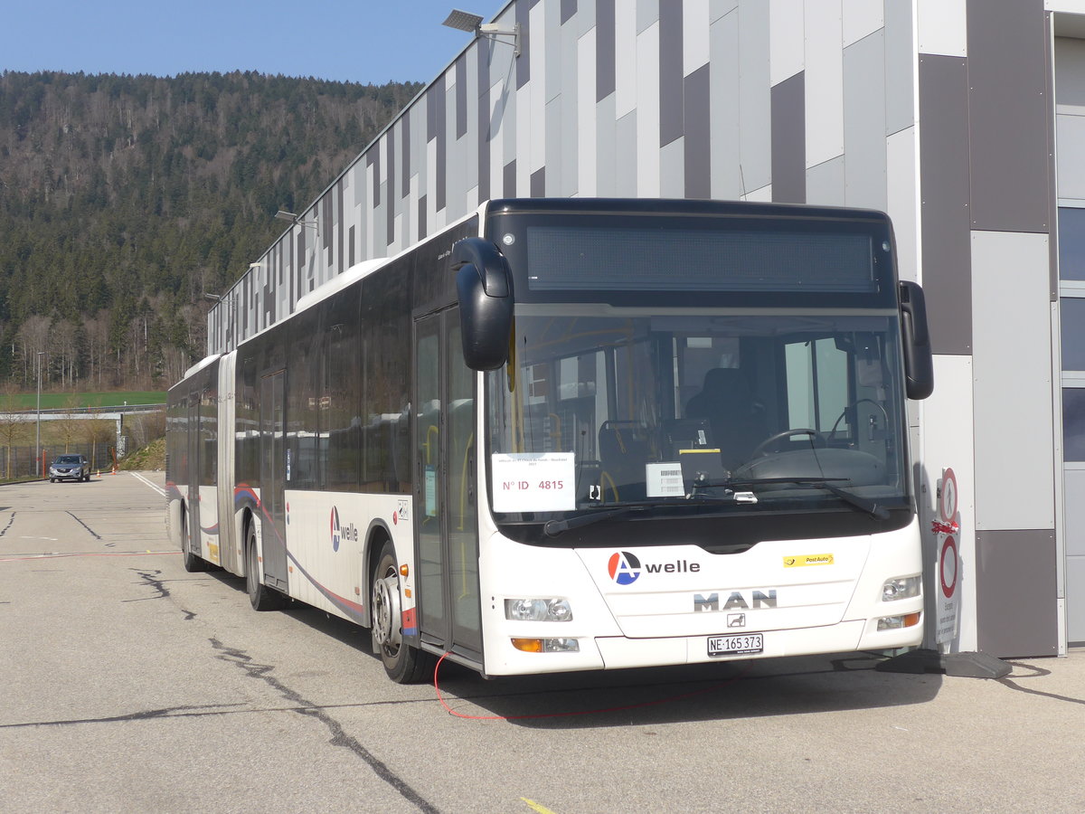 (224'683) - PostAuto Nordschweiz - NE 165'373 - MAN (ex AG 271'206) am 2. April 2021 in Boudevilliers, SCAN-ne (Einsatz CarPostal)