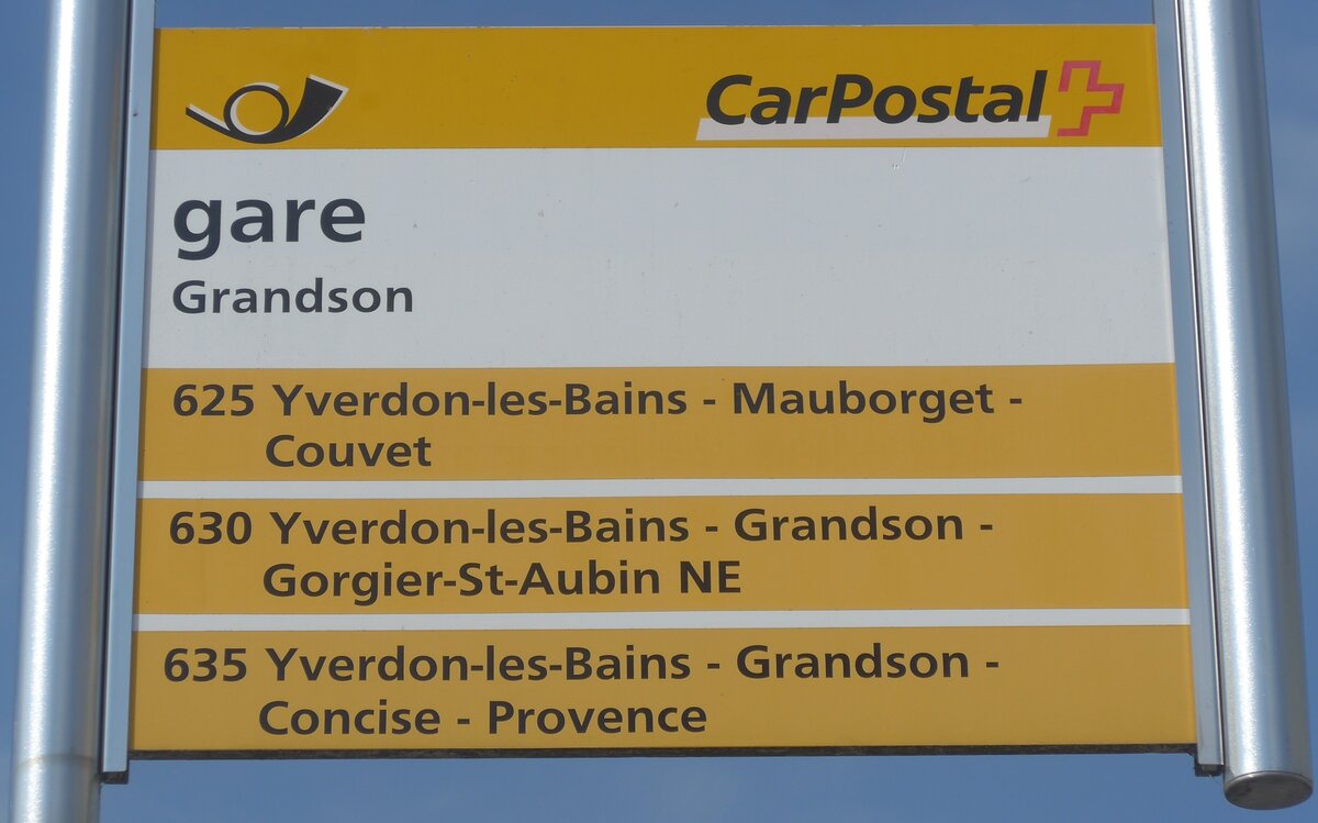 (227'269) - PostAuto-Haltestellenschild - Grandson, gare - am 15. August 2021