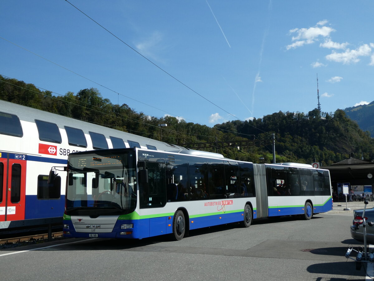 (228'604) - AS Engi - Nr. 15/GL 165 - MAN (ex TPL Lugano Nr. 438; ex Ryffel, Uster; ex Stucki, Porrentruy; ex SBC Chur Nr. 91) am 2. Oktober 2021 beim Bahnhof Ziegelbrcke