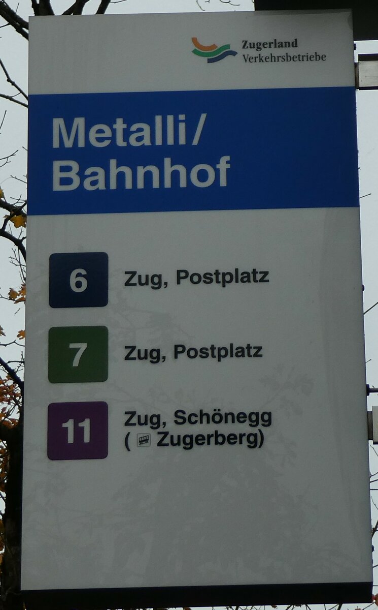 (229'595) - Zugerland Verkehrsbetriebe-Haltestellenschild - Zug, Metalli/Bahnhof - am 22. Oktober 2021