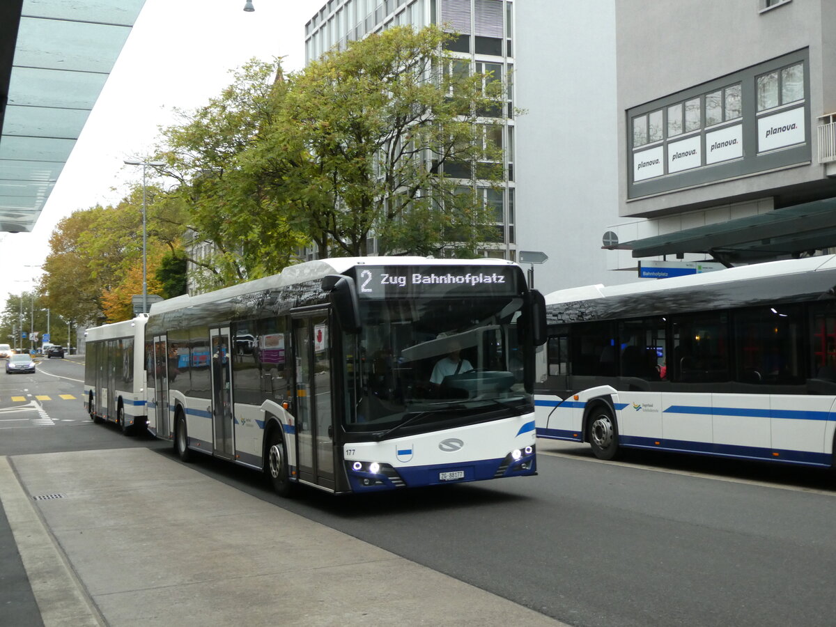 (229'608) - ZVB Zug - Nr. 177/ZG 88'177 - Solaris am 22. Oktober 2021 beim Bahnhof Zug