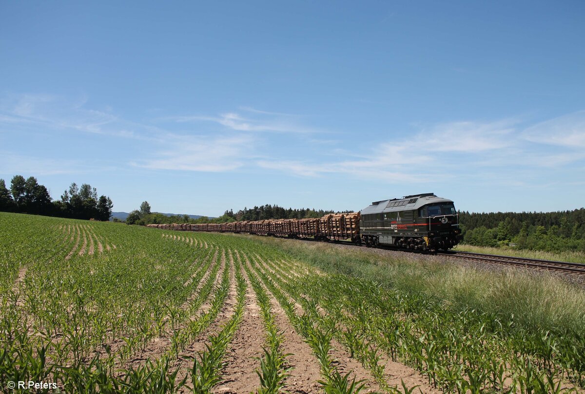 232 083 mit einem Holzzug aus Dresden nach Cheb bei Brand bei Marktredwitz. 15.06.22