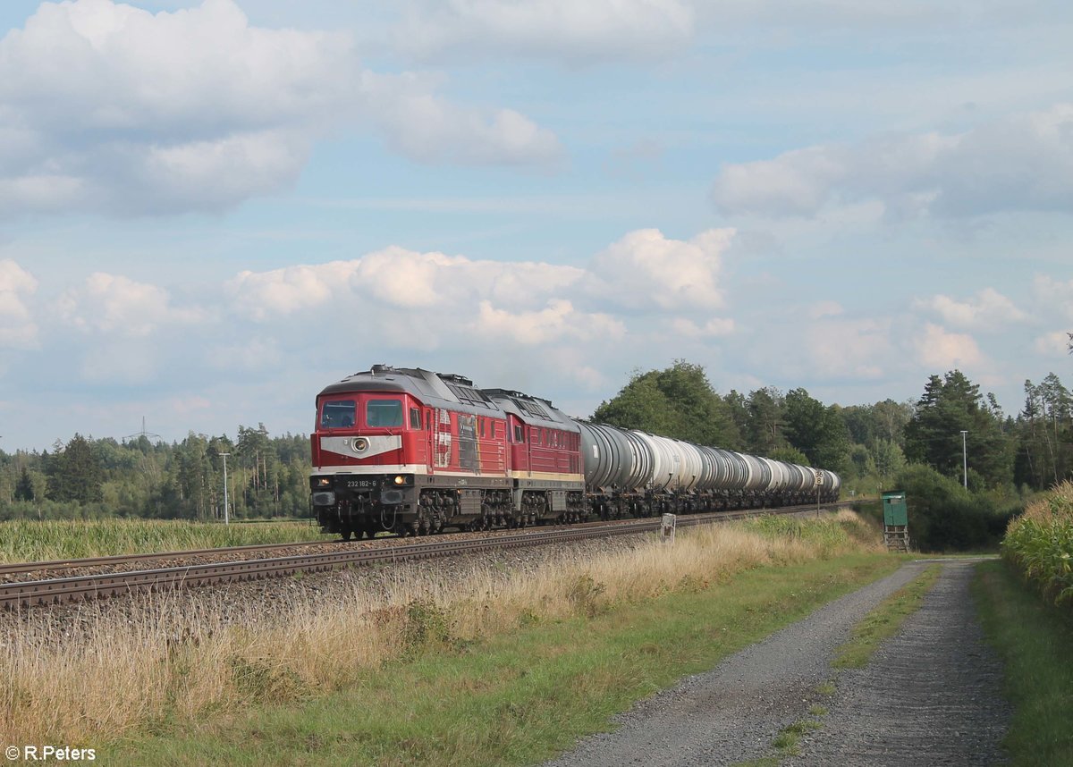 232 182 und 132 109 ziehen ein Kesselzug aus Sand Hafen nach Bitterfeld bei Oberteich. 03.09.20