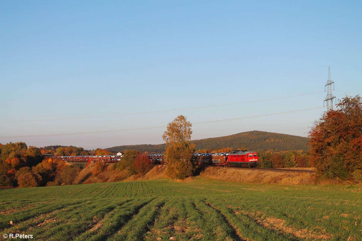 232 571 zieht den GA 49322 Skoda-Autozug beim Seußener Viadukt gen Marktredwitz. 12.10.18