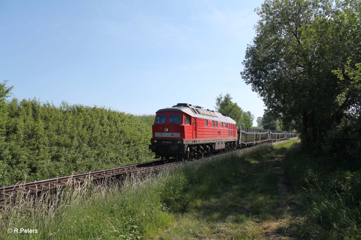 232 609-8 mit dem GA 49966 Leerautozug NNR - XTCH kurz vor dem Seußener Viadukt. 04.06.15