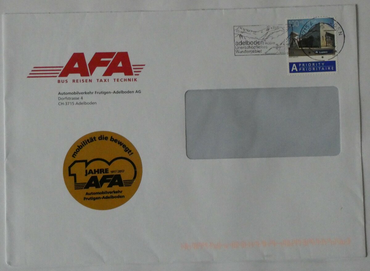 (232'004) - AFA-Briefumschlag vom 10. August 2017 am 15. Januar 2022 in Thun