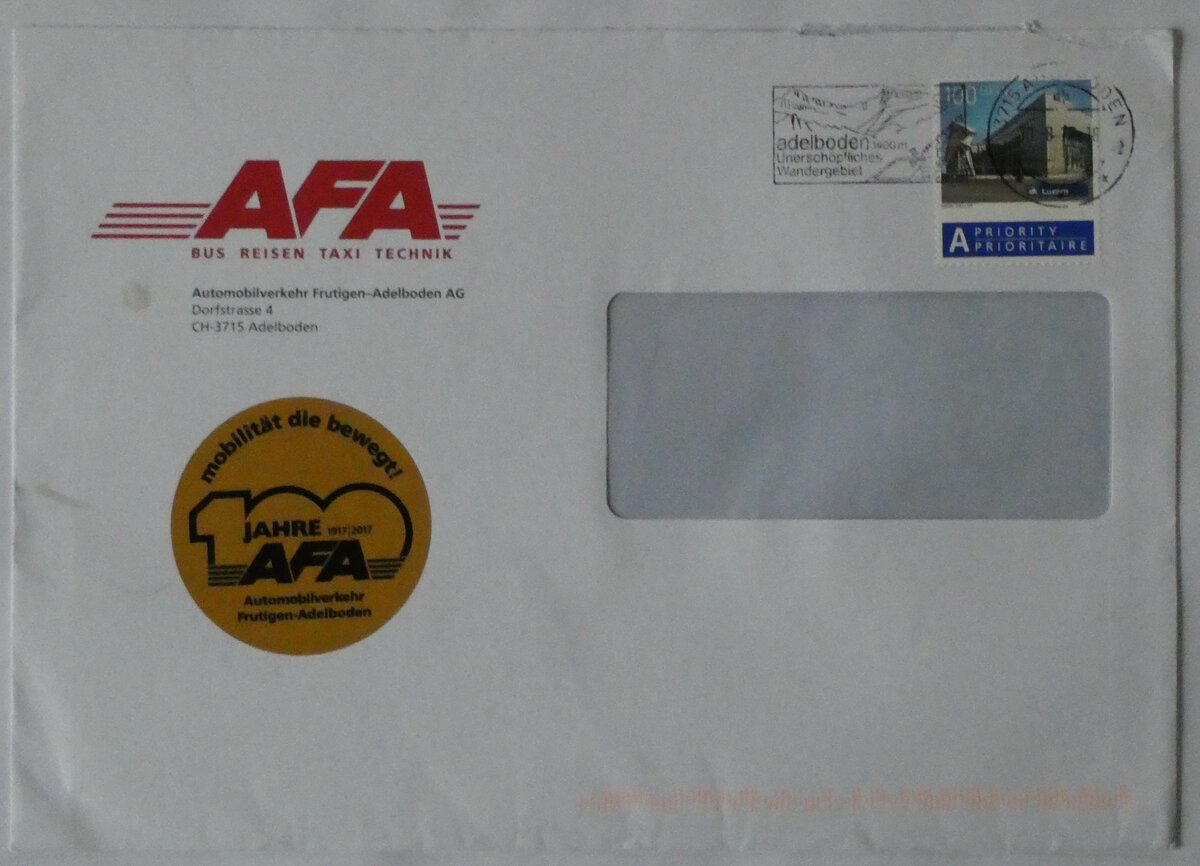 (232'032) - AFA-Briefumschlag vom 10. Augst 2017 am 16. Januar 2022 in Thun